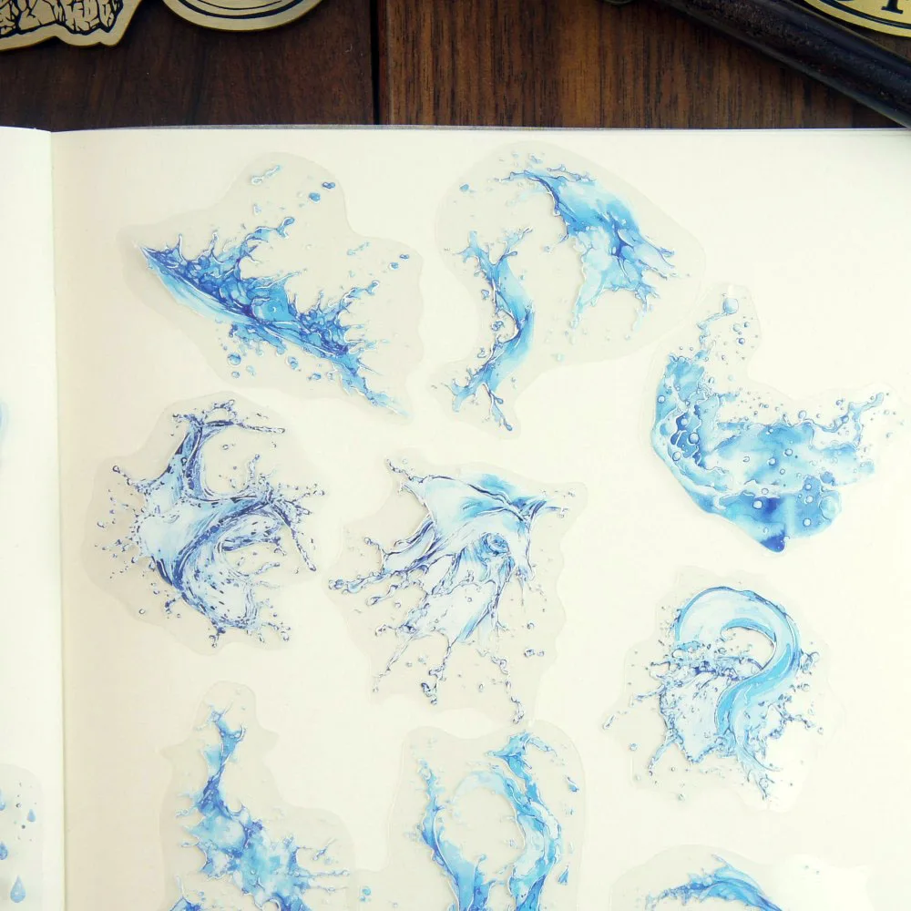 18 pegatinas de PVC azul y blanco estilo mágico de agua para scrapbooking, etiquetas de regalo DIY, decoración.