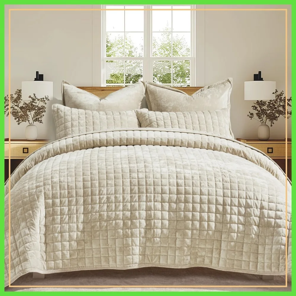 

Ultra Soft Velvet Quilt Set King Size, Lightweight Channel Box Stitch Oversized Bedspread Coverlet for All Season with 2 Shams
