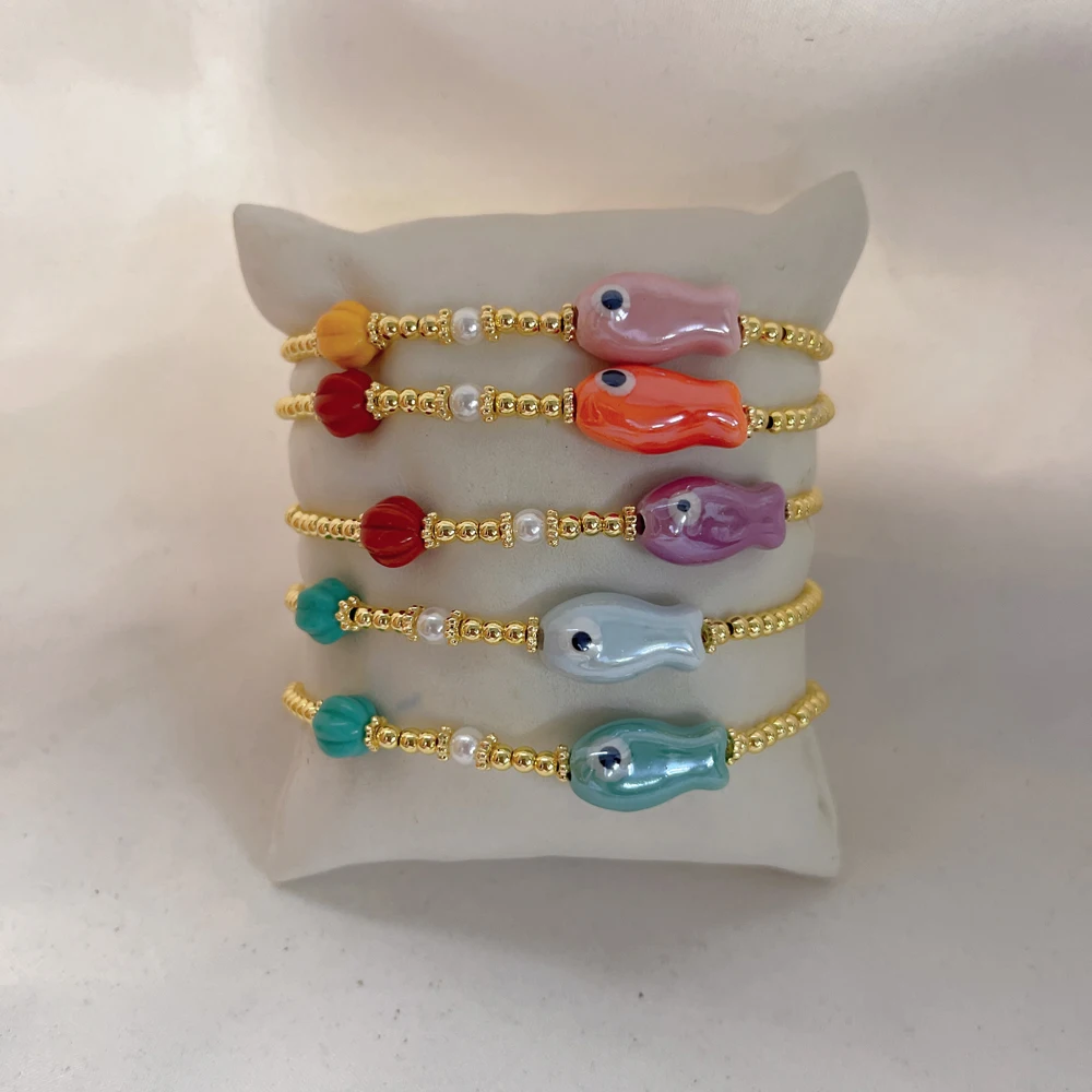 5 pcs/lot Handmade Jewelry Colorful Ceramic Fish  Gold Plated Brass Bead Elastic Bracelet for Women Girls