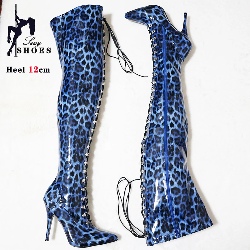 2024 Sexy Leopard Print Over-the-Knee Women Boots 12CM 13cm High Heels Shoes Thigh High Boots Spring Leather Stripper Long Boots