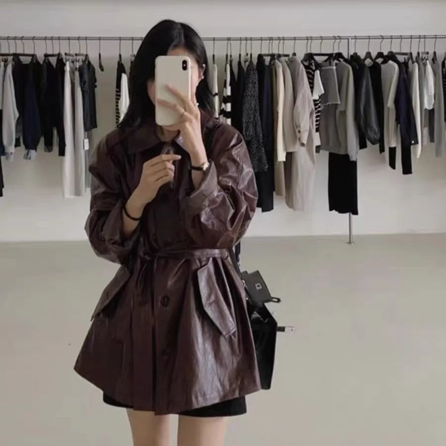 Women's Mid-Length Leather Jacket 2026 Autumn Winter Thickened PU Leather Coat Stylish Trendy Belted Small Size Outerwear