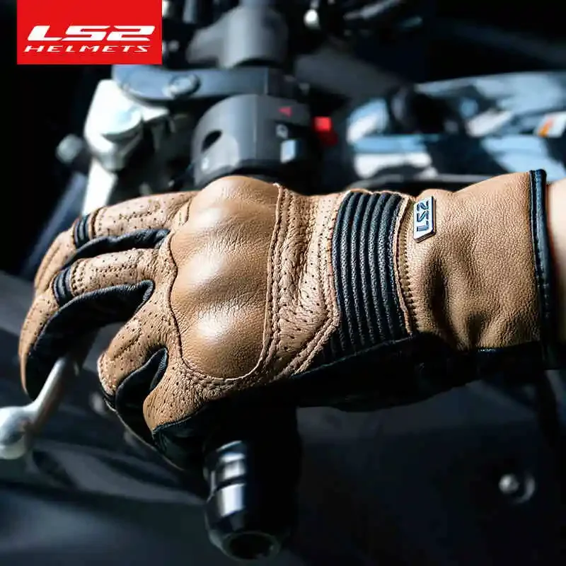 LS2 Summer Motorcycle Gloves MG020 Men Perforated Moto Leather Gloves Vintage Brown Black Goatskin Motorbike Gloves CE Certified