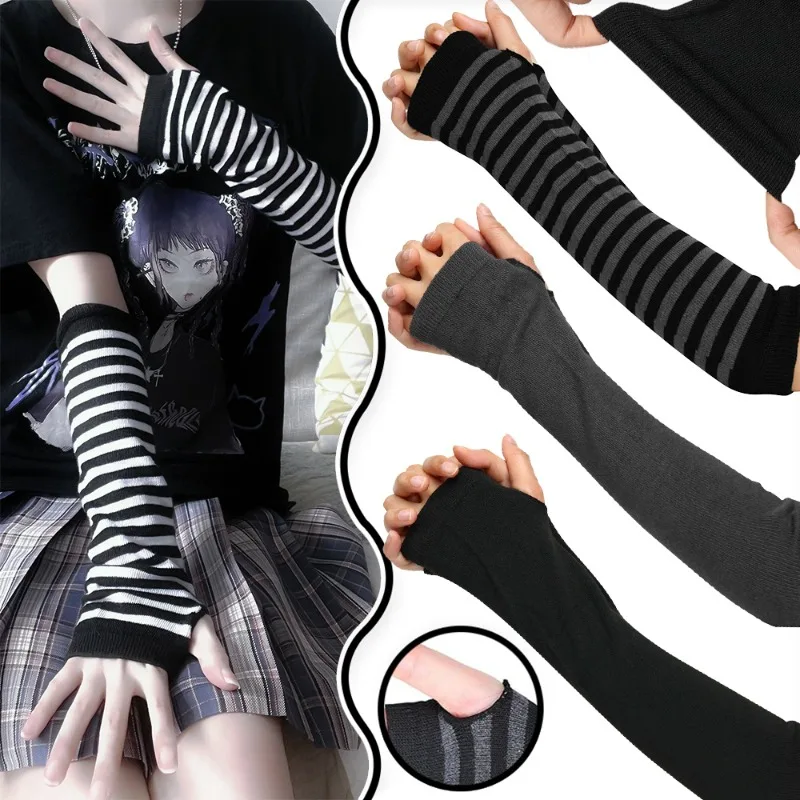 Punk Adjustable Fingerless Gloves Decorative Stripe Long Arm Glove Winter Warm Mittens Arm Warmer Sleeves Festival Accessories