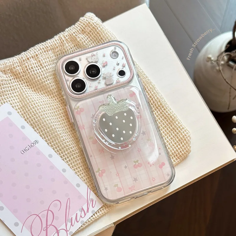 Suitable for pink plaid patterns17Apple17promaxPhone caseiphone16Strawberry mirror stand15All-inclusive high aesthetic value