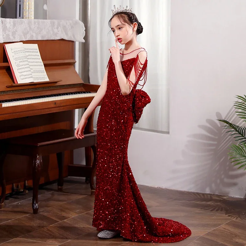 

Girls Formal Evening Cocktail Dress Cold Off Shoulder Little Girl Elegant Luxury Piano Performance Mermaid Prom Dress Slit Train