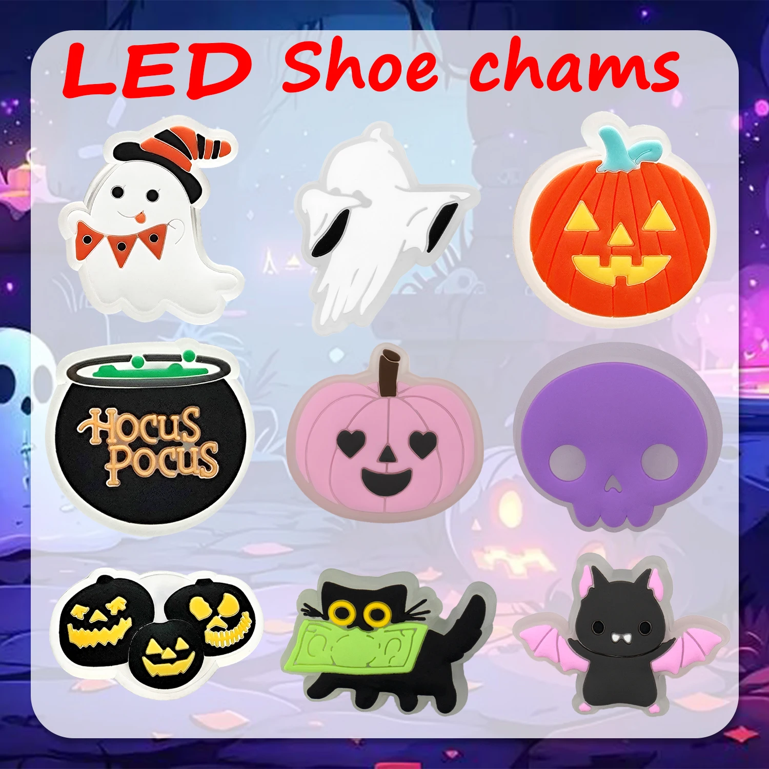 1/2/5 Stück Halloween-Schuhdekoration für Sandalen, lustiger Kürbis-Geist-Schuhanhänger, Zubehör, Katzenfledermaus, geeignet für alle Clogs – Detail 1
