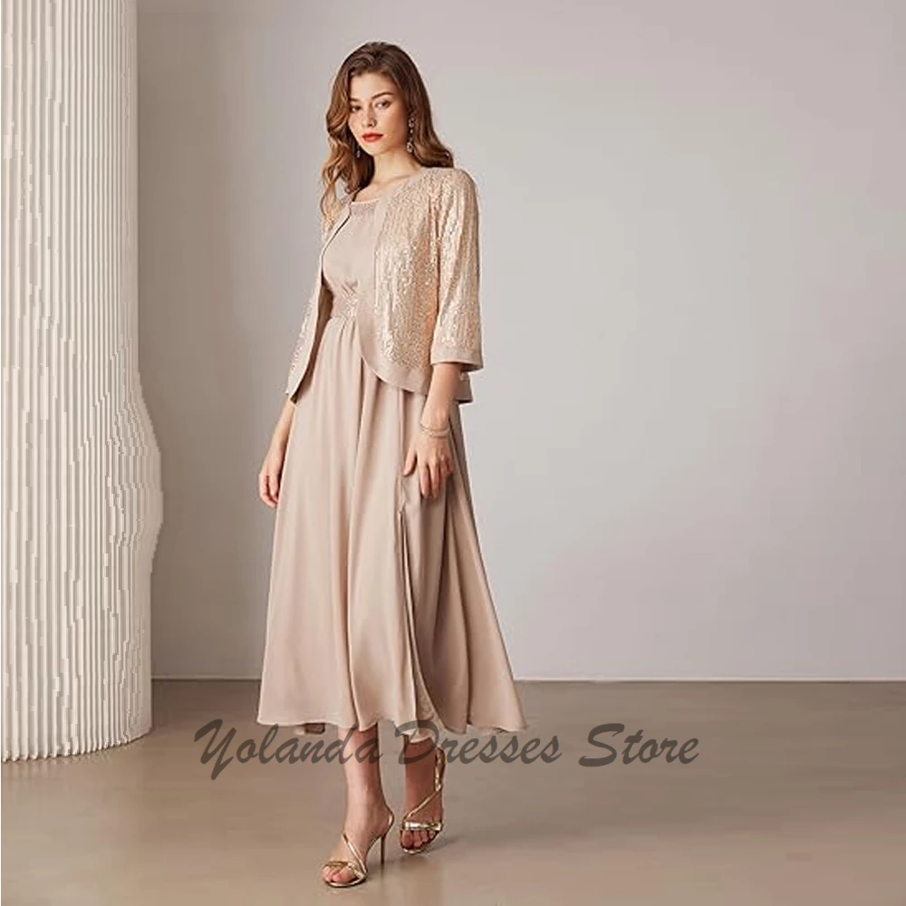 Modern Scoop Neck Mother of The Bride Dresses Tea Length Long Sleeves Wedding Party Cocktail Dress Two Piece Dress Sequin Dress