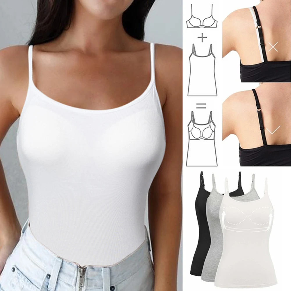 

Women's Cotton Camisole with Shelf Bra Adjustable Spaghetti Strap Tank Top Cami Tanks 2/3 Packs Shapewear Body Shaper