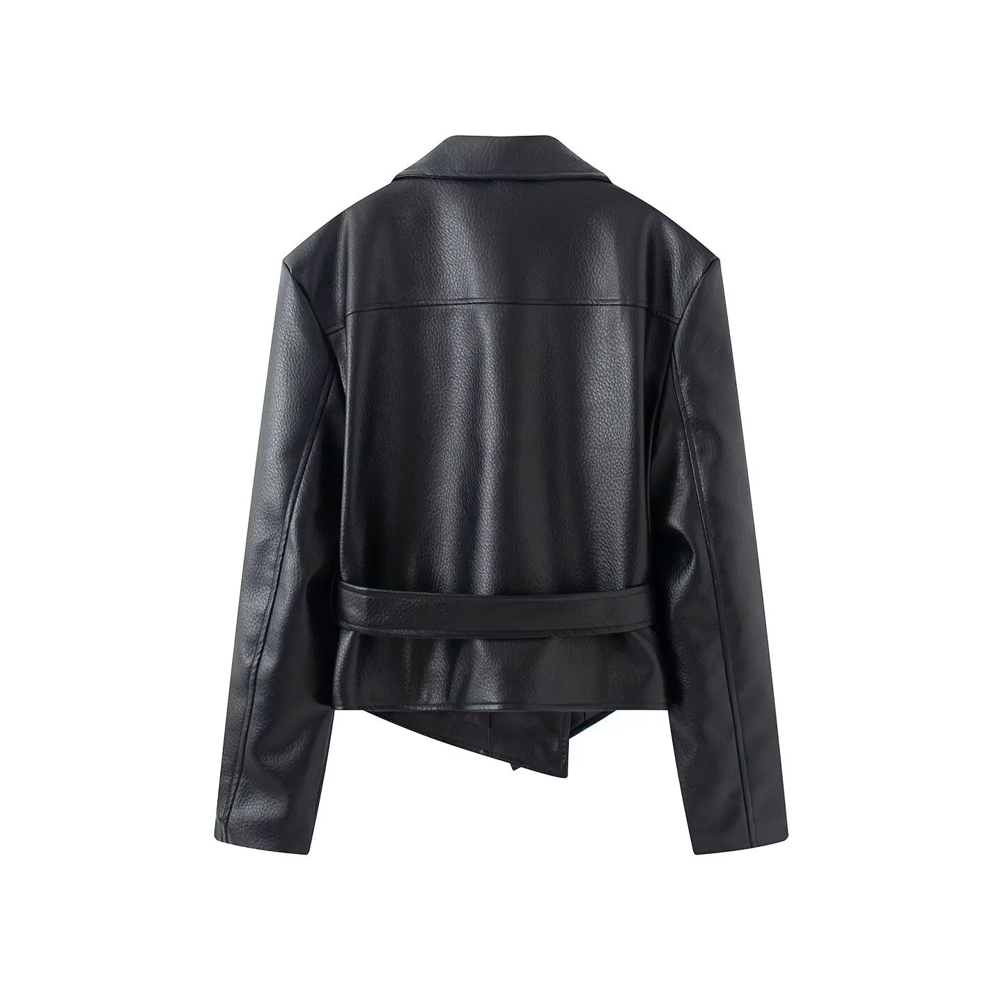 Cool Trendy Biker Style Leather Jacket Women's Regular Fit Belted Tie Waist Style Polyester Outerwear Summer Collection