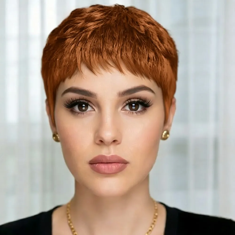 

Короткий прямой многослойный парик из натуральных волос, 4 дюйма, машинной работы, коричневый с бордовым оттенком, стрижка пикси, 150% плотность, парик из натуральных волос Remy.