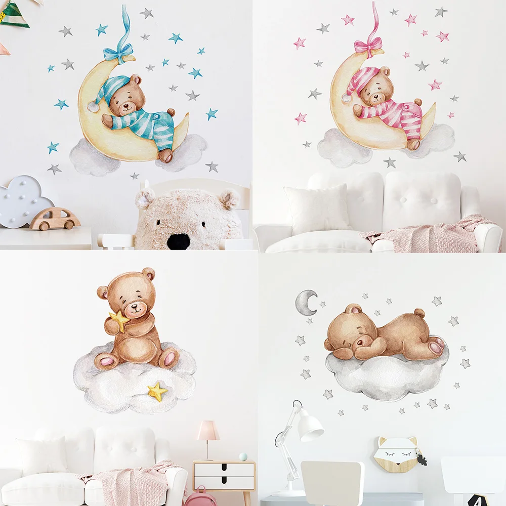 Pegatinas de pared con dibujos animados de oso de peluche y Luna para habitación de niños, pegatinas de decoración para guardería de bebé, niño y