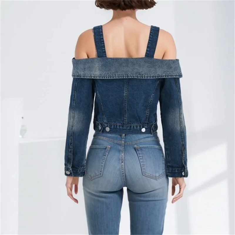 Off The Shoulder Straps 1 Piece Women Denim Retro Backless Single Breasted Jacket Elegant Blue Long Sleeve Tops Newest In Stock