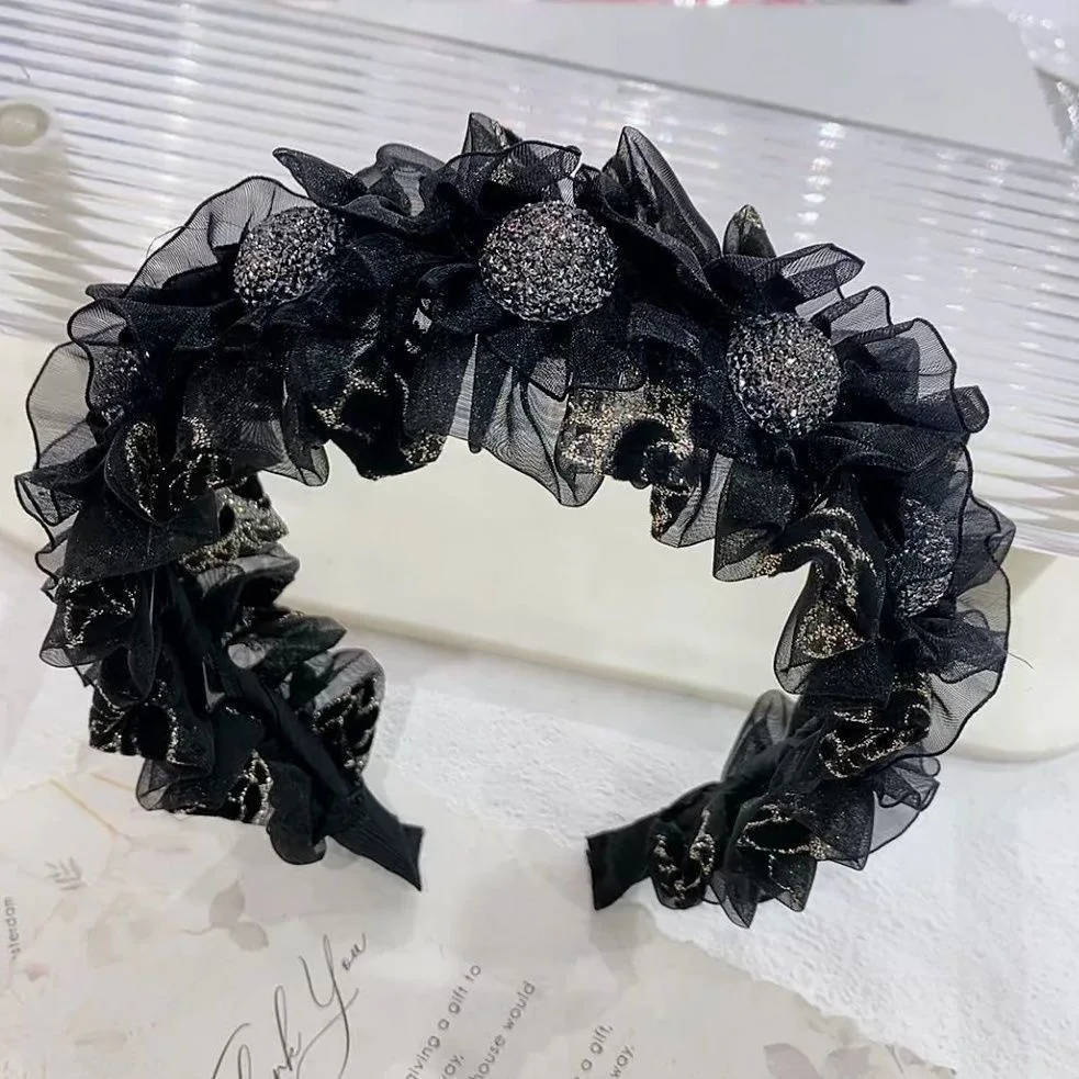 

Fahsion Rhinestone Chiffon Hair Hoop With Teeth Headband for Hair Women Black Wide Hair Bands Hair Accessories Tiara Headdress