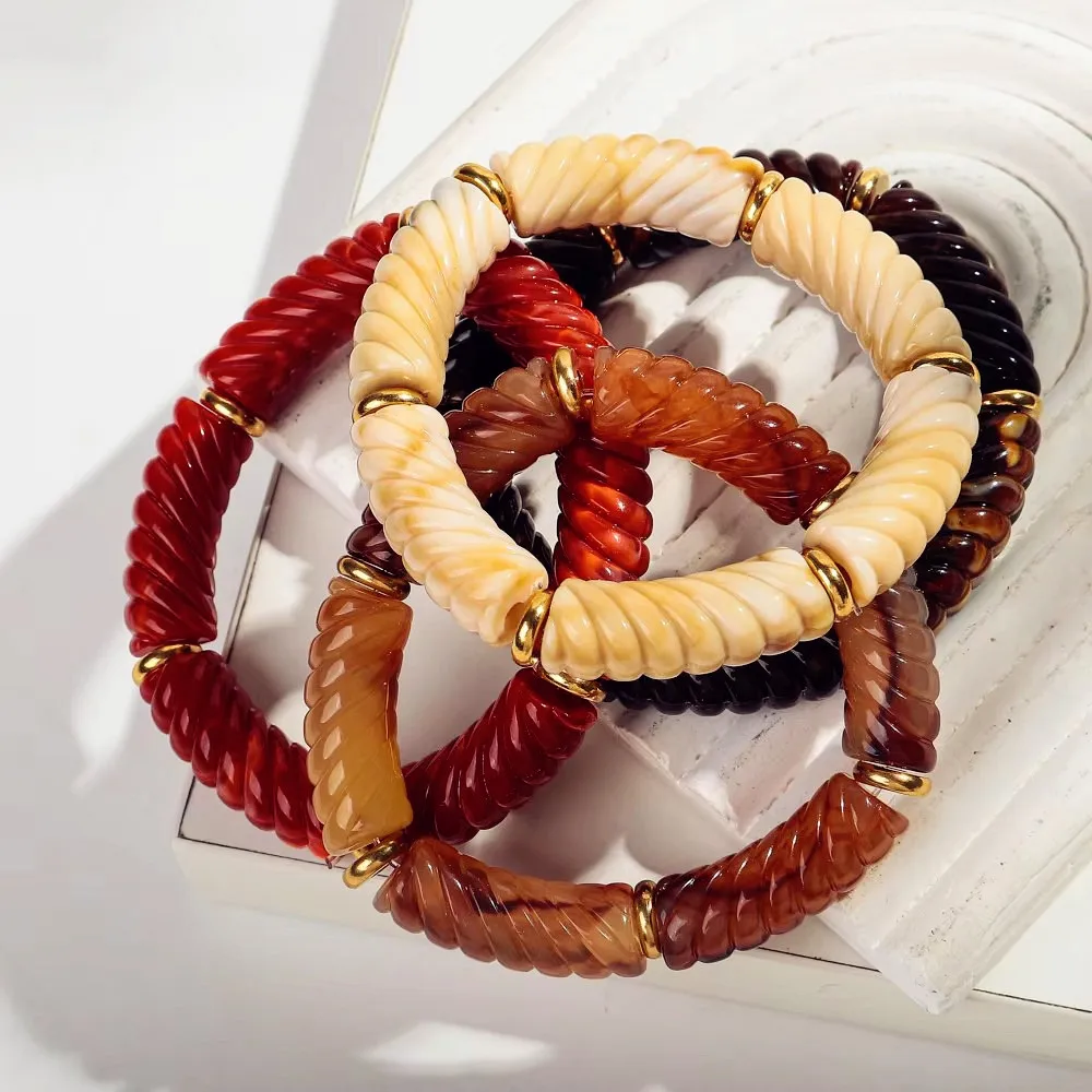 Vintage Big Twisted Bamboo Tube Acrylic Elastic Bracelet for Women Man Boho Chunky Thread Elbow Bead Stack Bangle Couple Jewelry