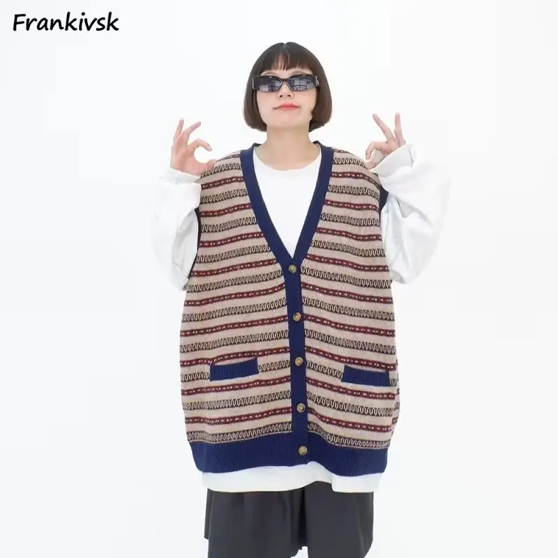 

Women Cardigan Retro Japanese Style Sleeveless Striped Baggy Lazy Aesthetic Sweaters Simple Daily Popular Streetwear Comfortable