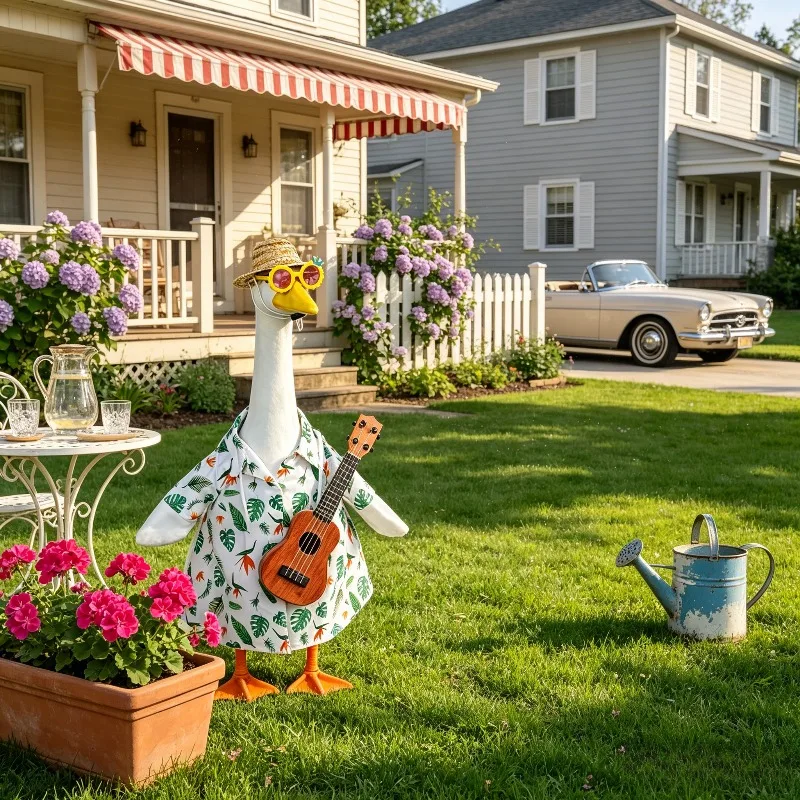 Tropical Leaf Print Porch Goose Set with Straw Hat, Sunglasses & Ukulele, Fits 23 Inch Porch Goose Statue, Summer Yard Decor view 3