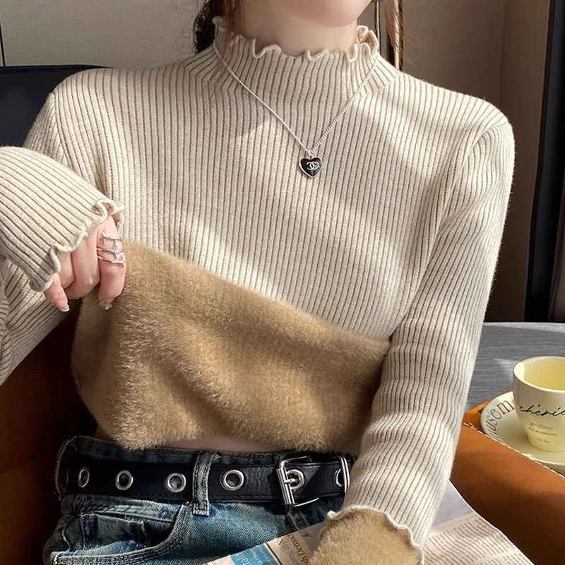 Sweaters Fleece-lined Knitted Sweater Women Pullovers New Long Sleeve Mock Neck Knit Sweater Pullover Women Tops Knitwears Q2163