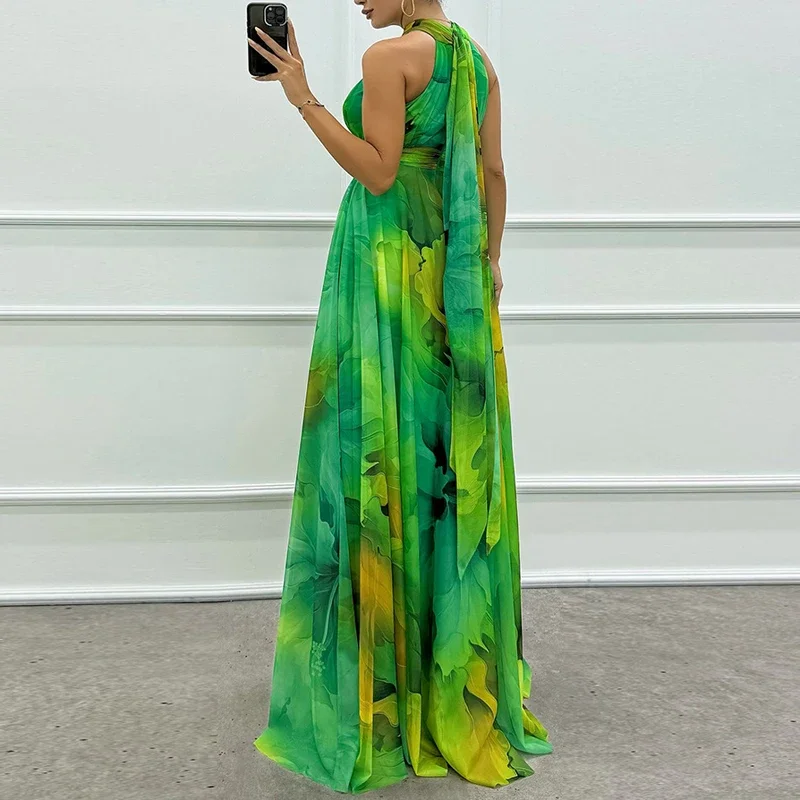 Vestido de fiesta plisado elegante de gasa con hombros descubiertos, vestido largo bohe con estampado de flores a la moda para mujer, vestidos largos acampanados para mujer