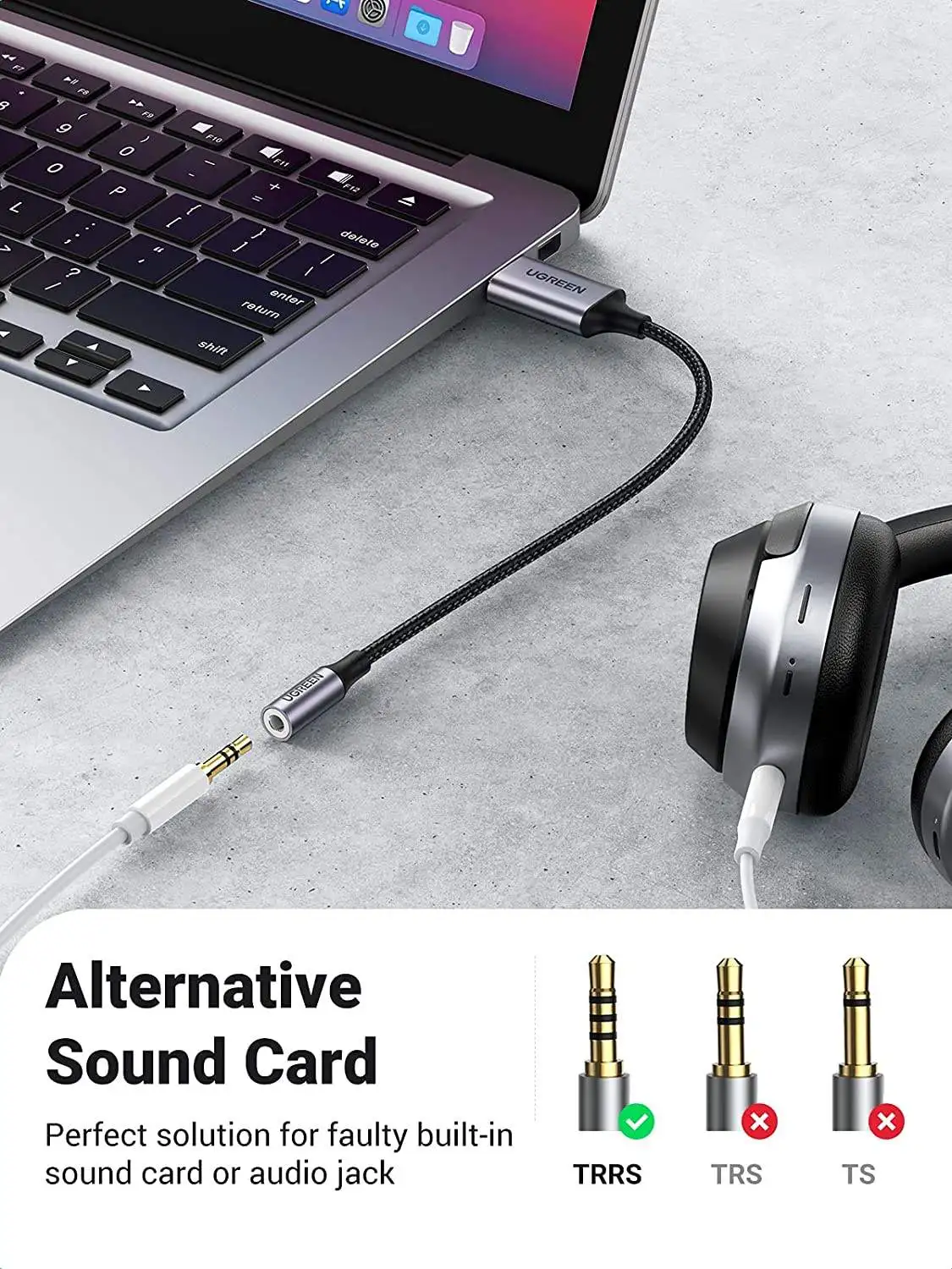 UGREEN USB External Sound Card 2 in 1 USB to 3.5mm Jack Audio Adapter Nylon Braided USB to Aux Jack