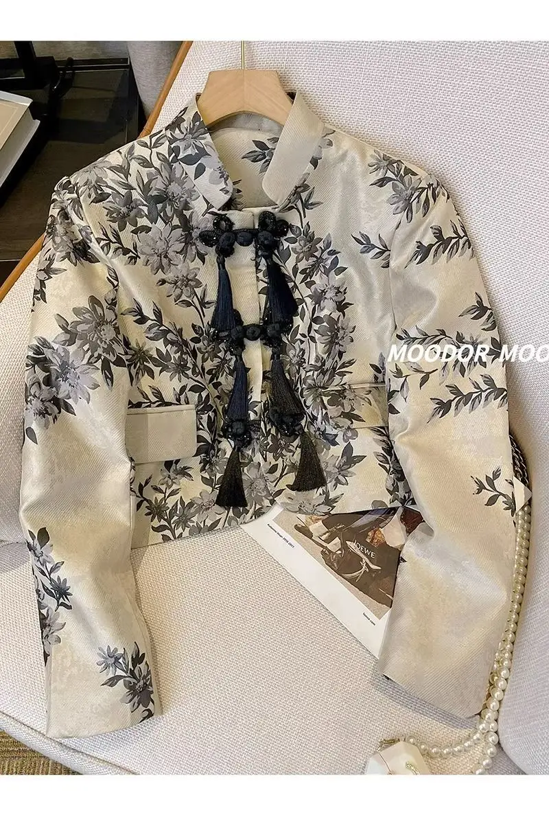 Women's Jacket  Jacket Chinese Ink Painting Single-breasted Jacket Spring and Autumn new High-grade Retro Buckle Short Tang Suit