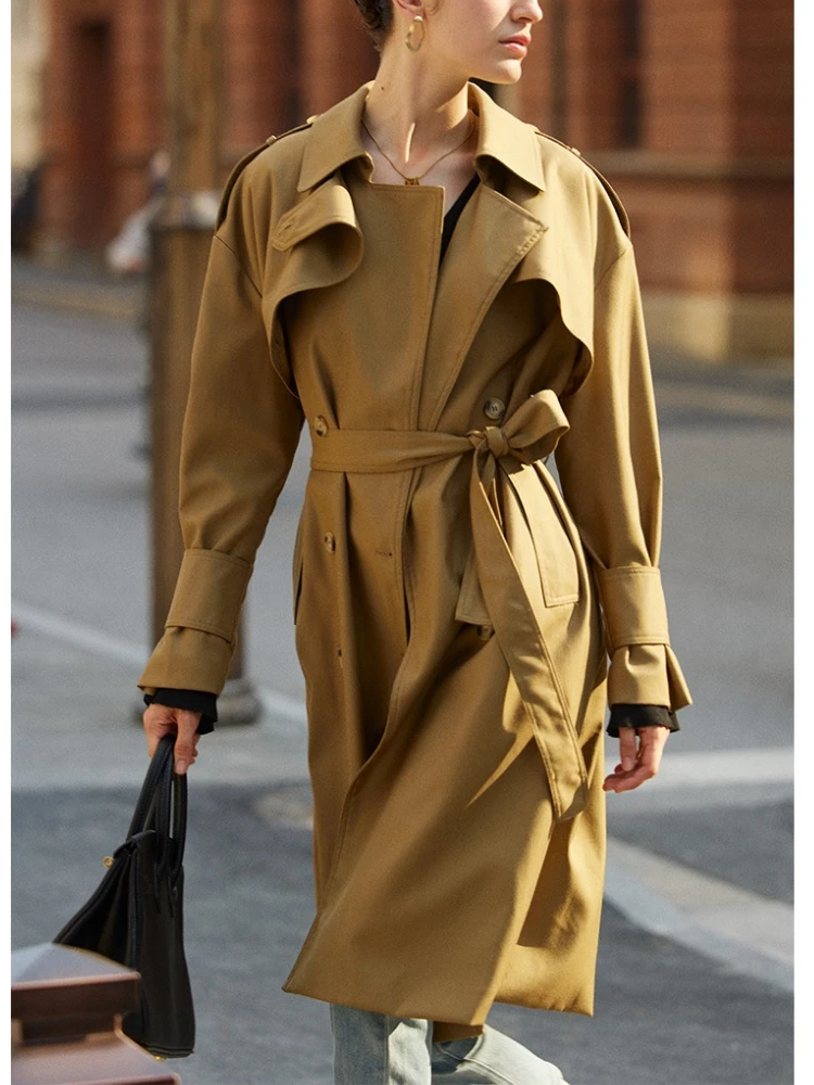 

Luxury Brand Autumn Winter Long Trench Coat for Women Double-Breasted Design Windbreaker Belt Pockets High-End Jackets Long Coat