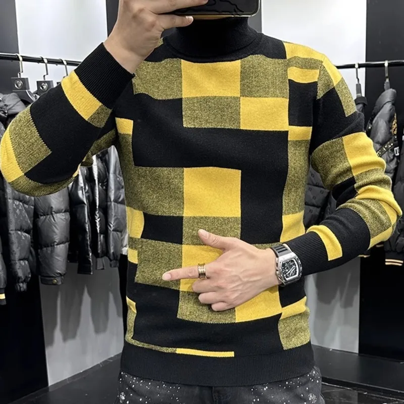 European Top Quality Men Pullovers Color Contrast Knitted Sweater Fashion Plaid Men Warm Keep Sweater Pullover Male Sweater