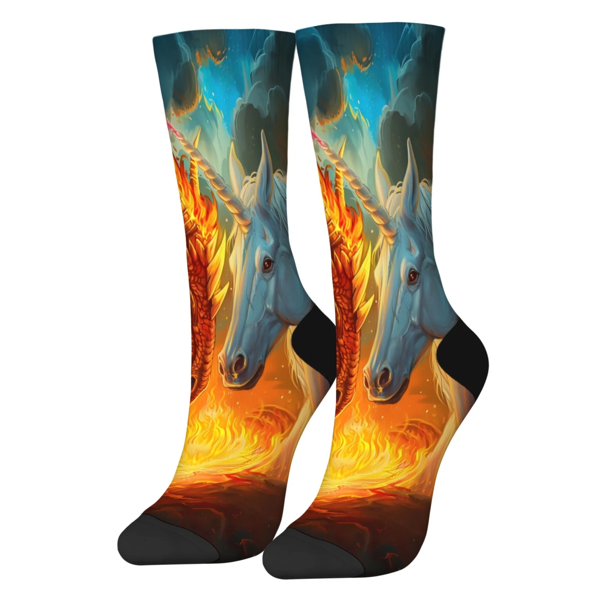 Bunte Fantasy-Drachen- und Einhorn-Crew-Socken, Socken mit mythischem Kunstdruck, einzigartiges Geschenk für Fantasy-Fans und Streetwear-Enthusiasten
