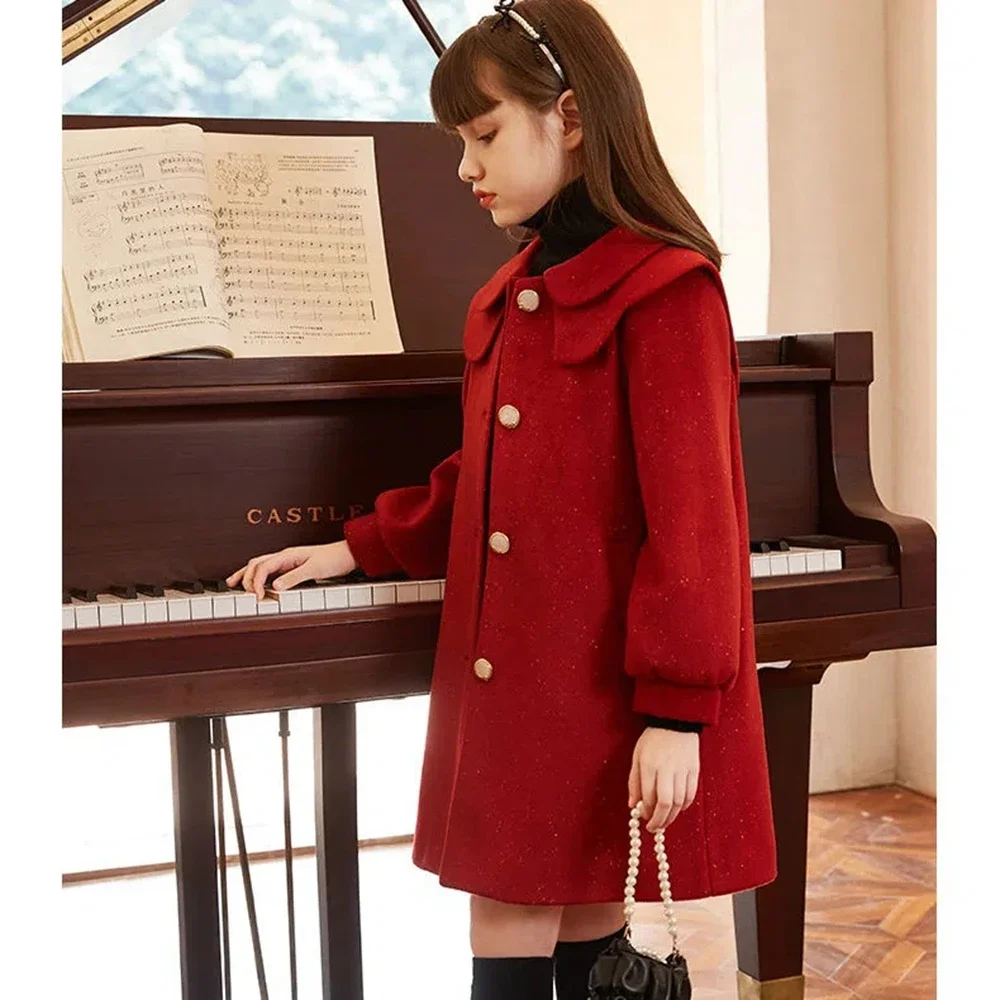 8-15 Kids Cotton Padded Thick Woolen Dress Jacket Girls Winter Cute Red Long Coat Teenager Girls Fashion Outerwear 14 clothes