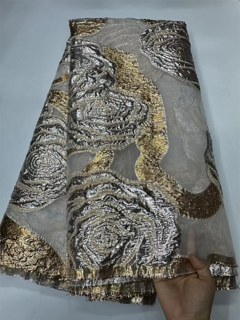 

Gold Brocade Lace Fabric 2024 High Quality Jacquard Organza Fabric African Damask Lace Fabric 5yards Evening Dresses for Women