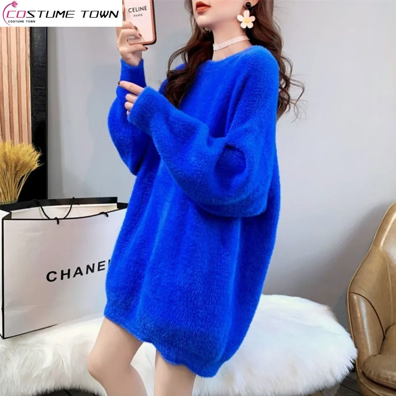 

Large Women's Fat Mm Sweater Imitated Mink Fleece Loose and Lazy Mid Length Knitted Bottom Shirt with Warm Temperament