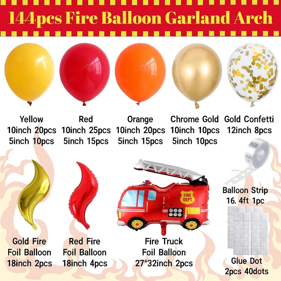 طقم قوس بالون إطفاء جارلاند 144 قطعة بالونات ذهبية كروم أصفر أحمر مع شاحنة إطفاء بالونات فويل لمستلزمات حفلات رجل الإطفاء B #2