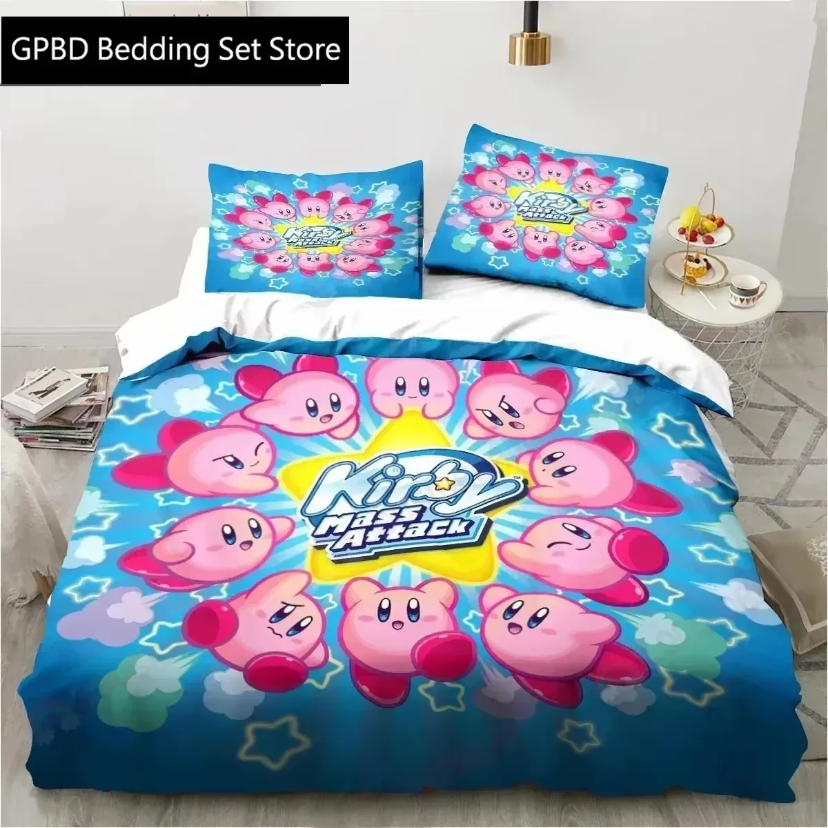 3D Print Anime Kawaii K-kirbys Cute Pink Bedding Set Double Twin King Duvet Cover Comforter Pillowcase Boys Girls Adults Bedroom