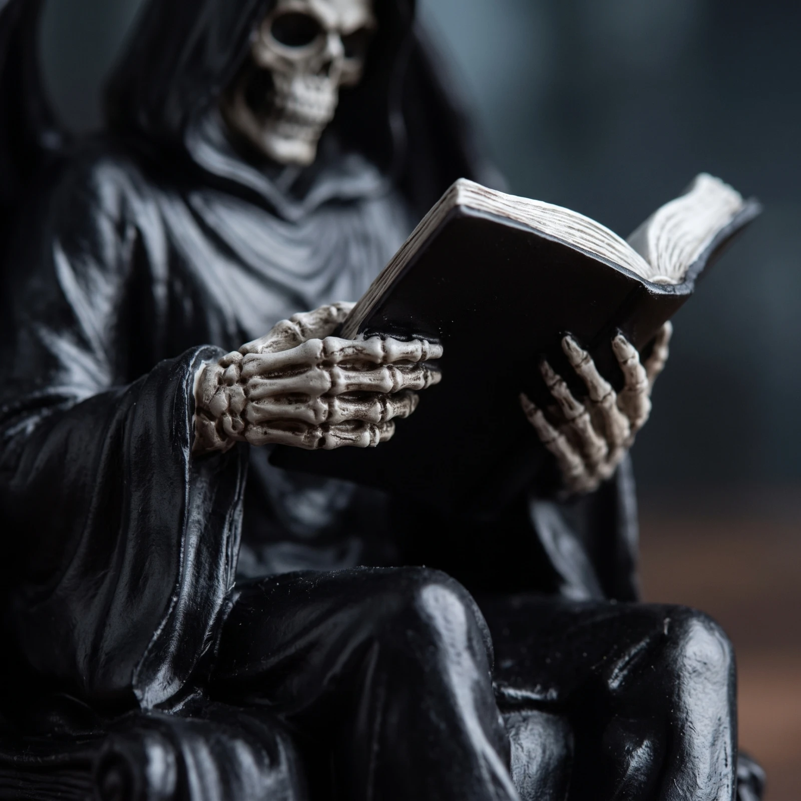 Seated Figurine with Book Dark Fantasy Hooded Figure Figurine Shelf Sitter Gothic Statue Antique Black for Collectors, Bookshelf view 4