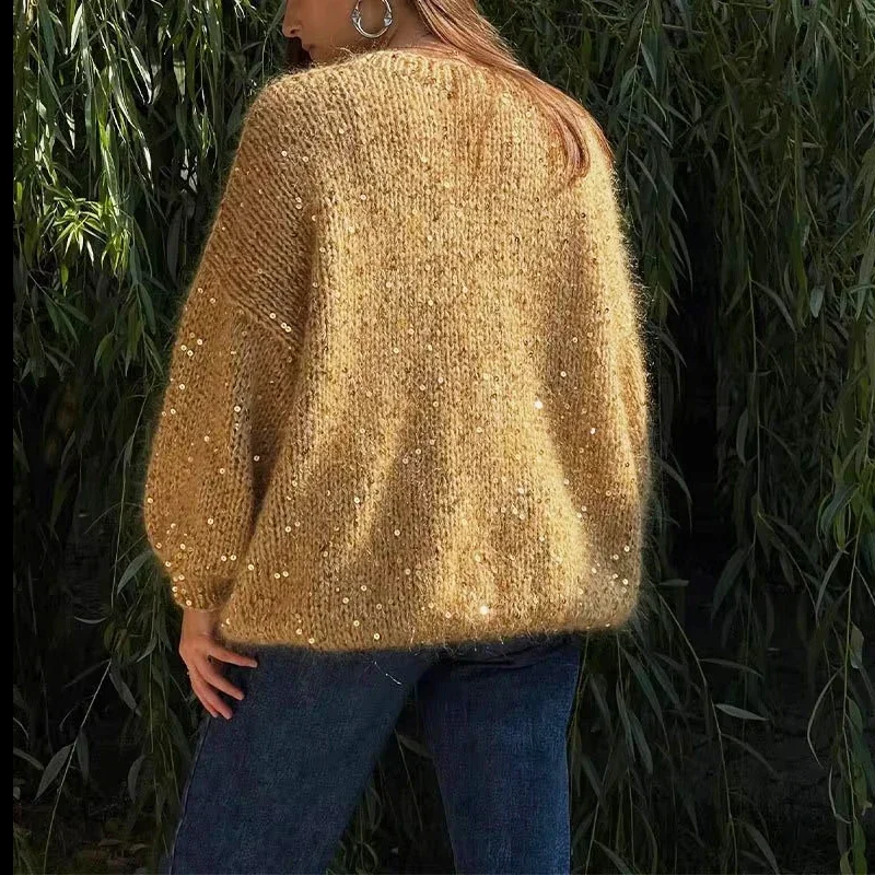 Fashion Sequined Mohair Sweater Women\'s New Loose O-neck Lantern Long Sleeve Glitter Knitted Pullover Sweater Streetwear