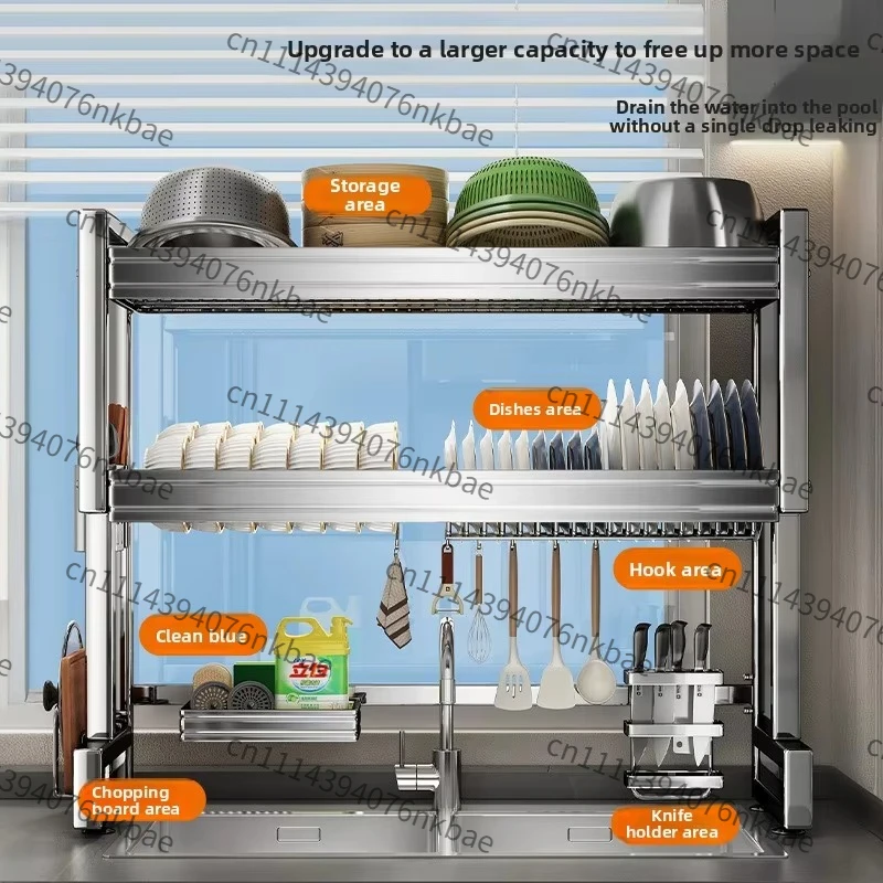 Thickened Stainless Steel Sink Rack, Height Adjustable Dish Drainer, Dual Support Bowl Plate Organizer, Anti Tip Caddy