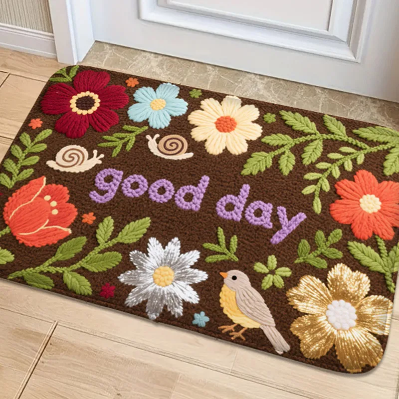 

1pc Hello letter colored flower flannel home mat, bedroom small carpet, rectangular indoor and outdoor floor mat, door mat