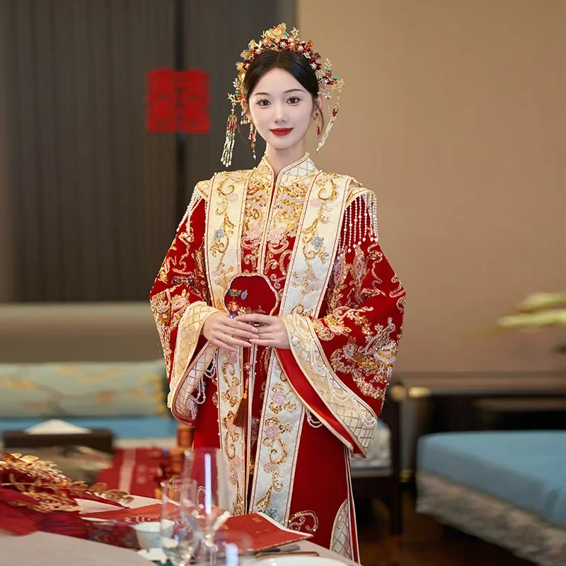 Xiuhe clothing wedding attire velvet phoenix crown Xiapei Hanfu coming out of the palace wedding attire dragon and phoenix skirt