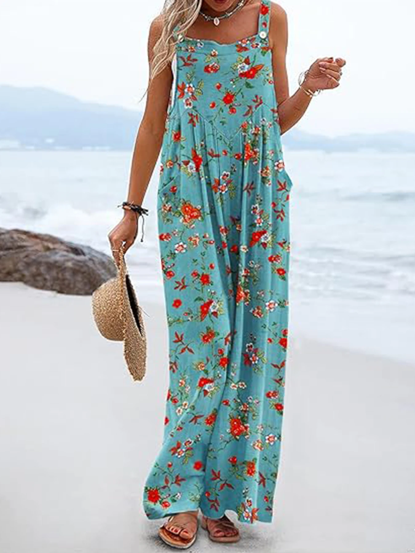 Women's Summer Floral Print Jumpsuit, Suitable for Vacations and Beaches