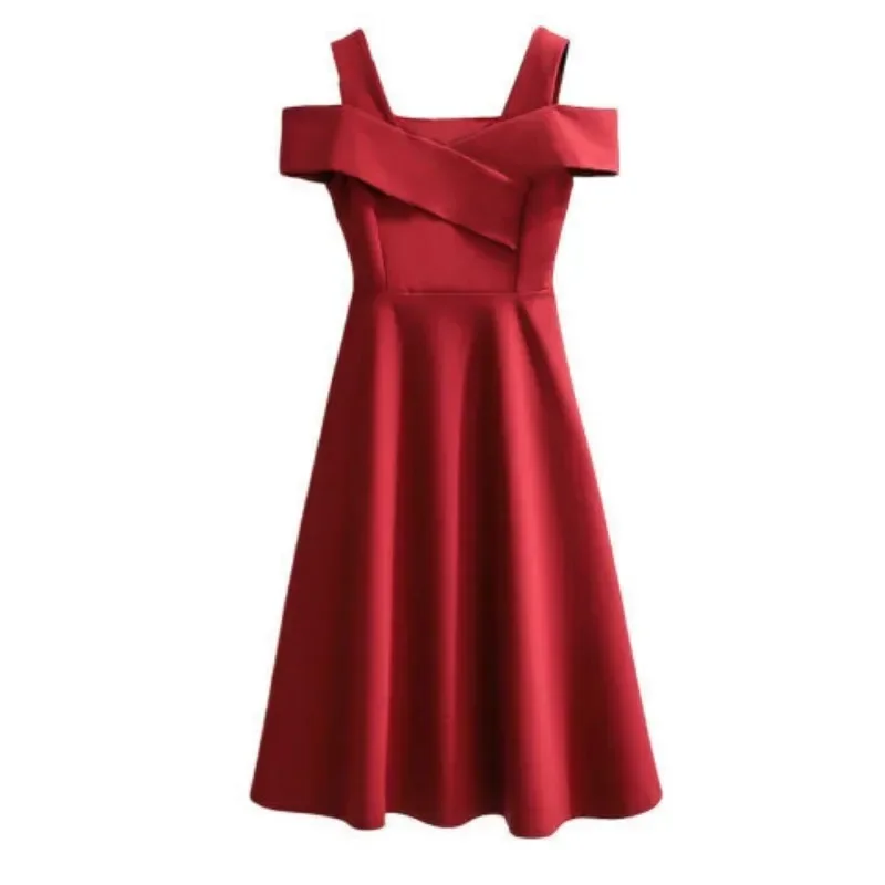 

Women's Summer New Fashion Commuter Spliced Solid Color Slash Neck Off Shoulder Ruched Midi Sleeveless Loose A-line Sling Dress