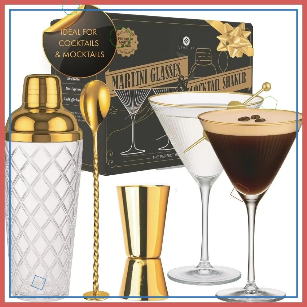 

Gold Glass Cocktail Shaker Set with Built-In Strainer, 2 Espresso Martini Glasses, Bar Spoon & Jigger for Home Mixology
