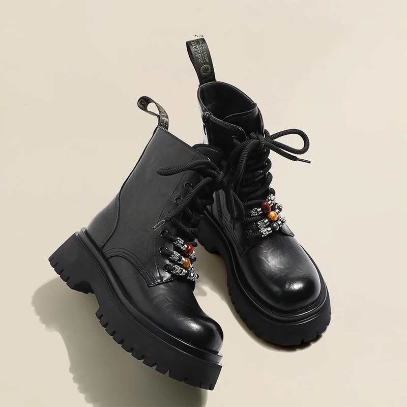 Kralen Flats Platform Vrouwen Enkellaarsjes Lace Up Lederen Schoenen Winter Merk Korte Laarzen Trend Sport Sneaker Chelsea Laarzen Mujer