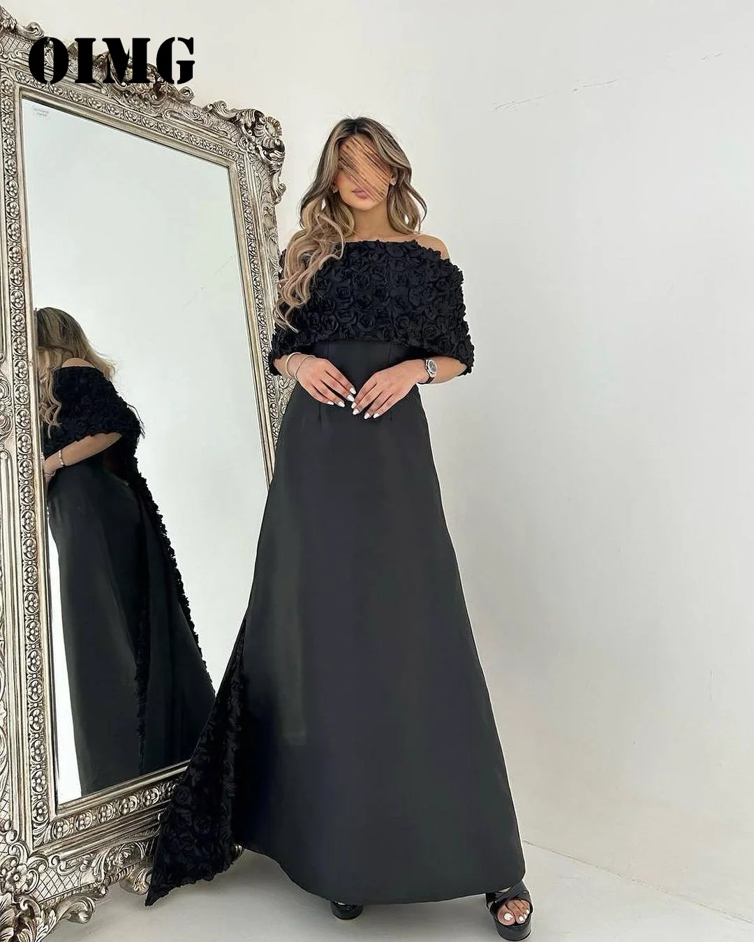 

OIMG Off the Shoulder Prom Dresses Black Flowers Vintage Satin Saudi Arabic Women Evening Gowns Occasion Formal Party Dress