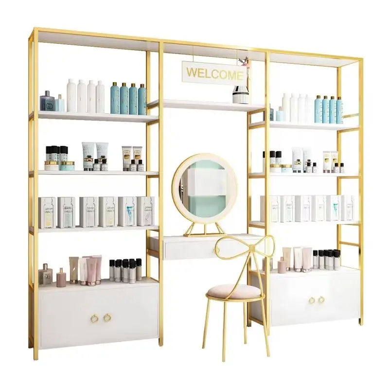 CustomKainice Cosmetics Display Stand Customized Gold Metal Wooden Display Cabinet For Cosmetic Retail Store Makeup Display Wall