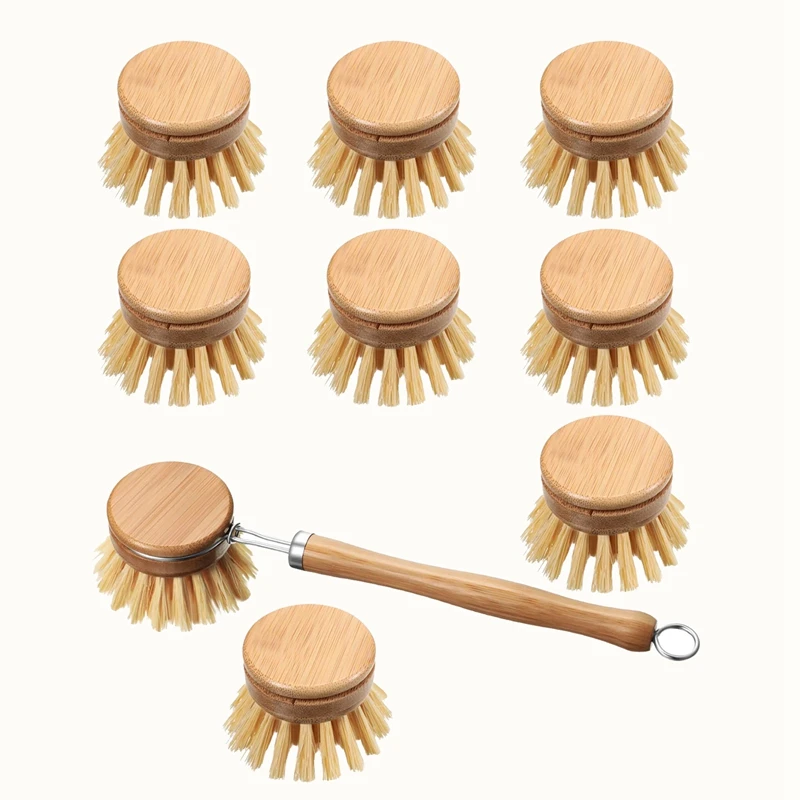 9 Pack Kitchen Dish Brush Include 1 Bamboo Scrub Cleaning Brush And 8 Replacement Brush Heads,For Kitchen Room Cleaning