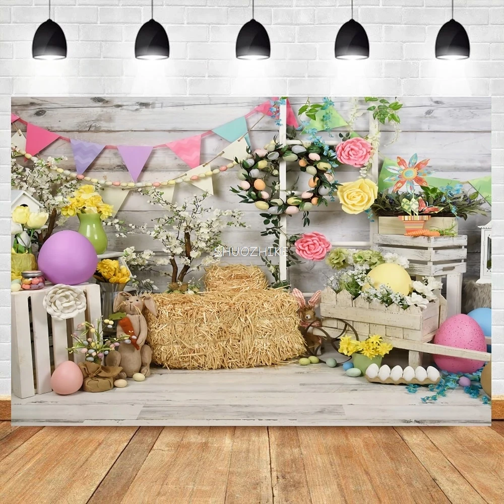 Spring Easter Photography Backdrop Window Sill Cute Rabbit Flower Wreath Baby Shower Birthday Portrait Background
