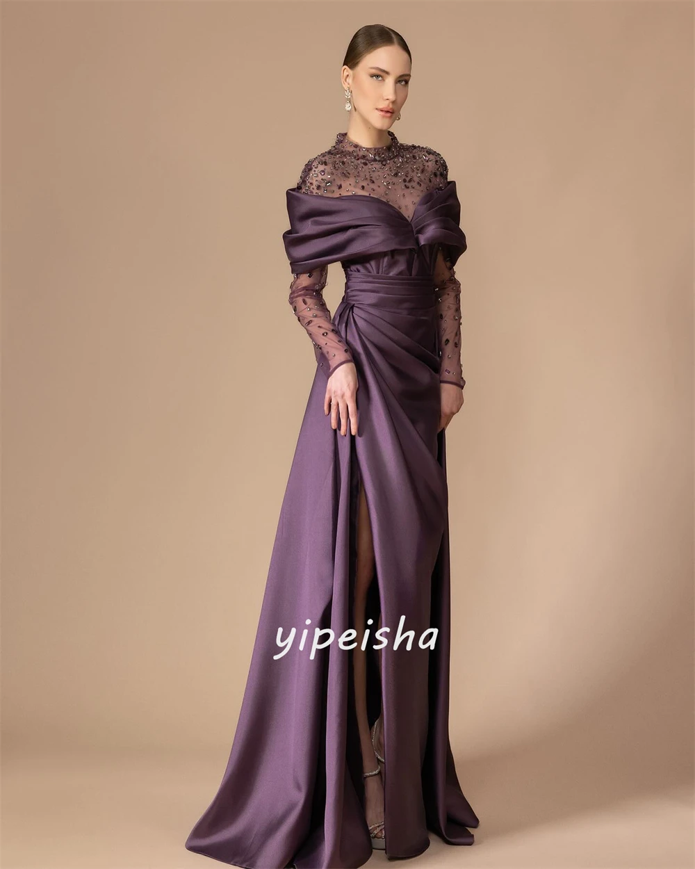 Customized  Evening Satin Rhinestone Draped Celebrity A-line High Collar Bespoke Occasion Gown Long Dresses