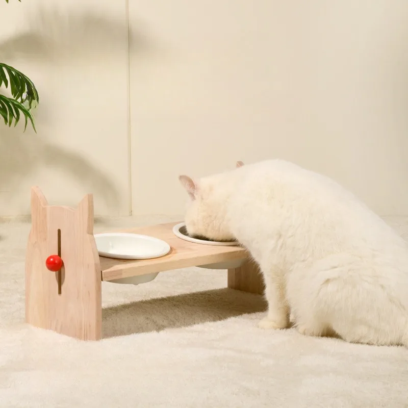 Pet Ceramics Feeding Bowls Height Angle Adjustable Wood Bracket Cat Water Dispenser Dogs Feeder Home Kitten Puppy Food Container