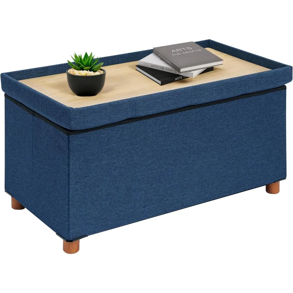 

B FSOBEIIALEO Пуфик для хранения с подносом, табуретами для ног и пуфиками с ножками, кубическим сиденьем для хранения, льняным сиденьем, синим 30.