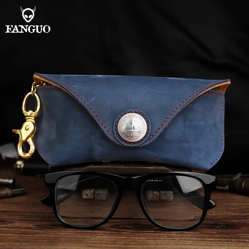 Retro Handmade Top Layer Cowhide Glasses Bag Sunglasses Box Genuine Leather Magnetic Buckle Eye Glasses Organizer Case