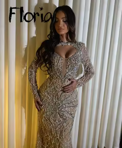 Women's Evening Full Dress Customized Muslim Champagne Sequin Long Sleeve Wedding Party Gowns Mermaid Bridesmaid Dress Formal